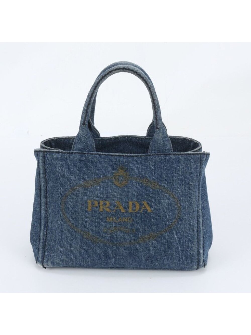 Prada Canapa Denim Blue Triangle Logo Tote Bag Shoulder